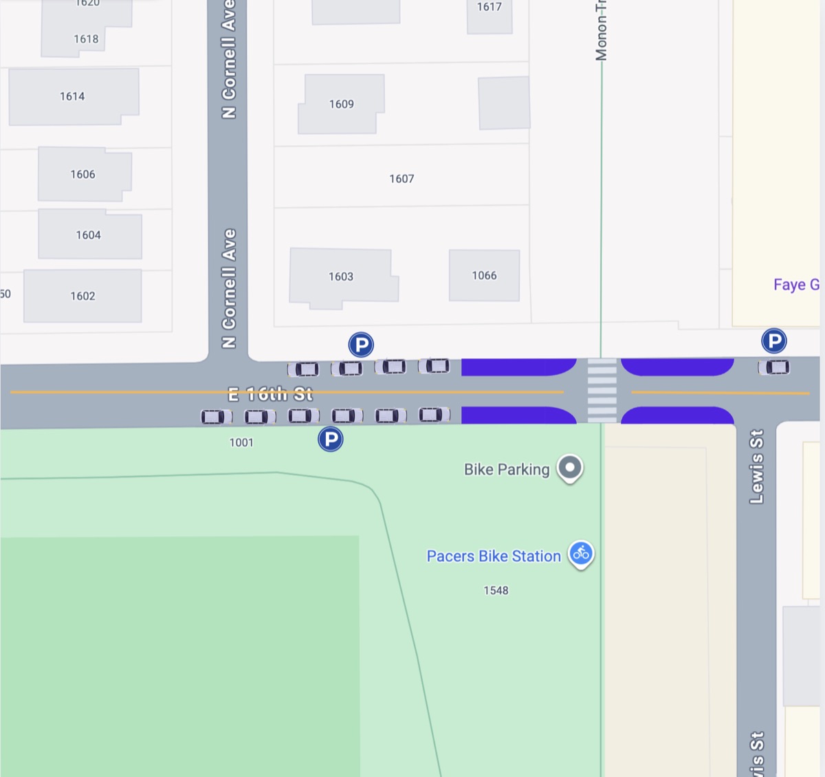 Diagram of the crossing showing on-street parking along both sides of 16th Street, painted bump-outs at the corners, a marked crosswalk at the trail, and the open greenspace to the south.